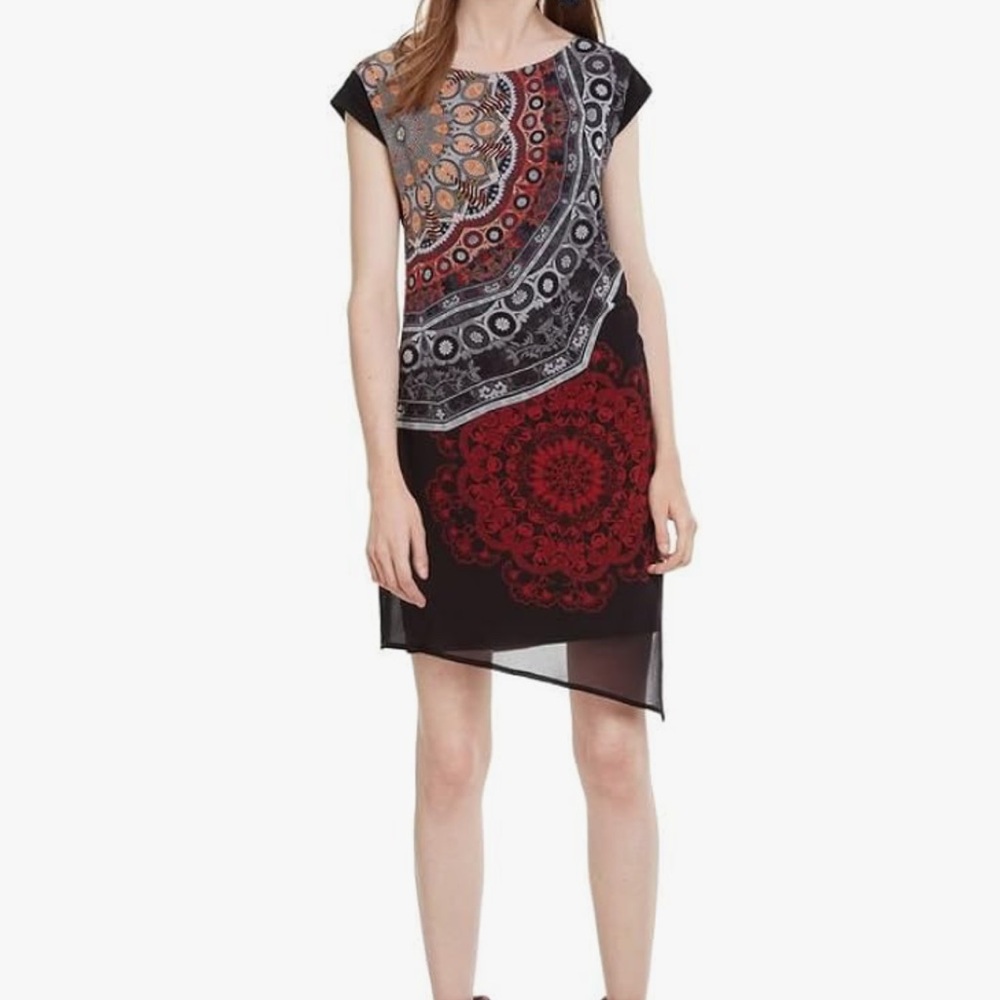 Desigual Dress Babilon Midi Dress Black Red 42 Sheer Lined Asymmetrical Abstract